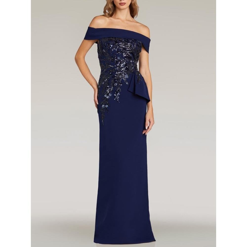 Feriani Couture Navy Off Shoulder Gown Size 16 Sequin Evening Dress